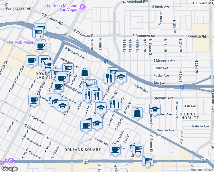 map of restaurants, bars, coffee shops, grocery stores, and more near 221 North Maryland Parkway in Las Vegas