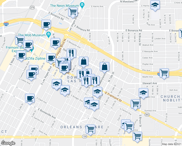map of restaurants, bars, coffee shops, grocery stores, and more near 1001 East Ogden Avenue in Las Vegas