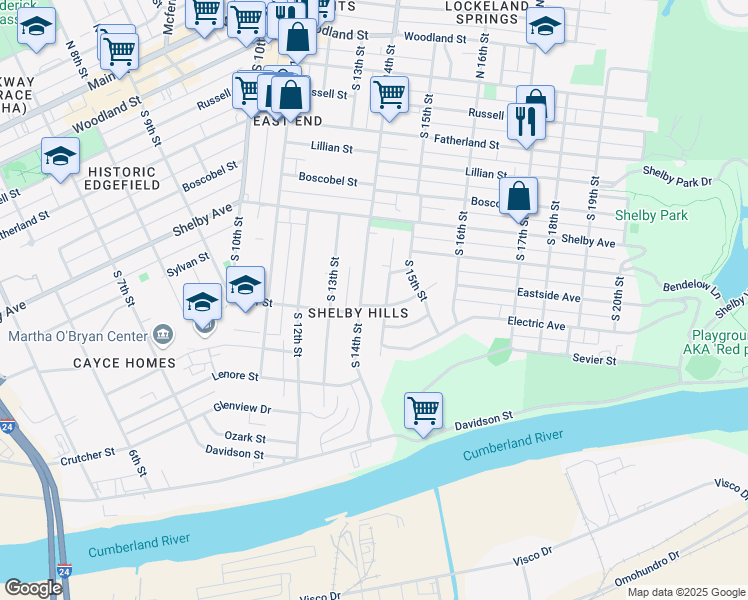 map of restaurants, bars, coffee shops, grocery stores, and more near 1405 Sevier Court in Nashville