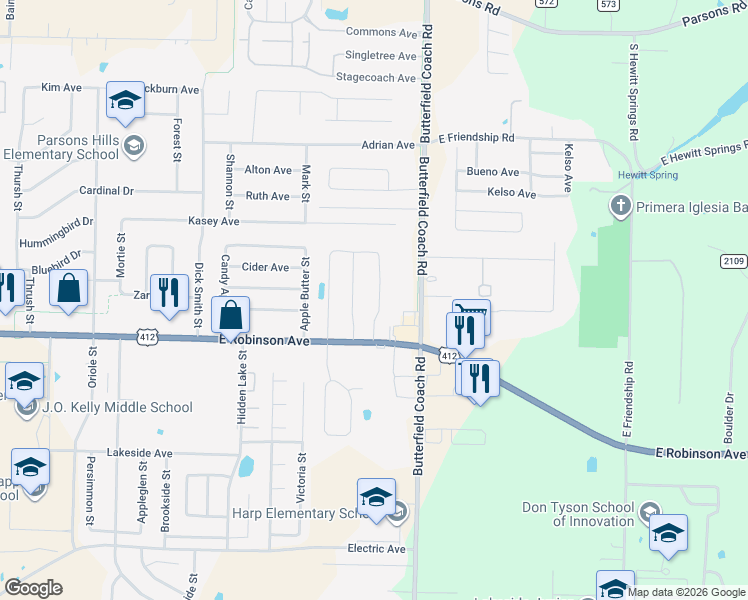 map of restaurants, bars, coffee shops, grocery stores, and more near 3190 East Robinson Avenue in Springdale