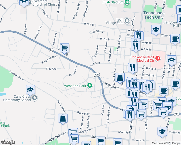 map of restaurants, bars, coffee shops, grocery stores, and more near 22 Garrett Avenue in Cookeville