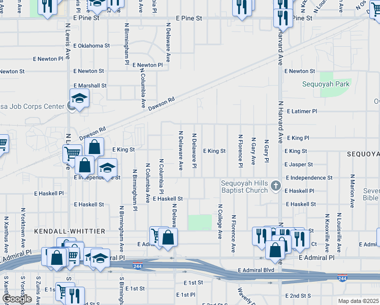 map of restaurants, bars, coffee shops, grocery stores, and more near 847 North Delaware Place in Tulsa