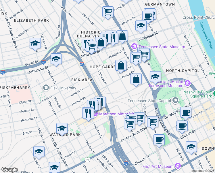 map of restaurants, bars, coffee shops, grocery stores, and more near 652 11th Avenue North in Nashville