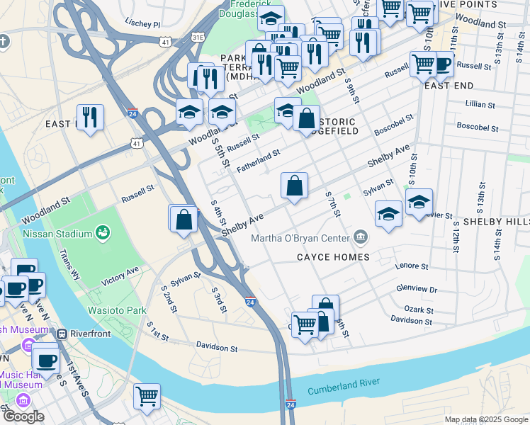 map of restaurants, bars, coffee shops, grocery stores, and more near 515 Shelby Avenue in Nashville