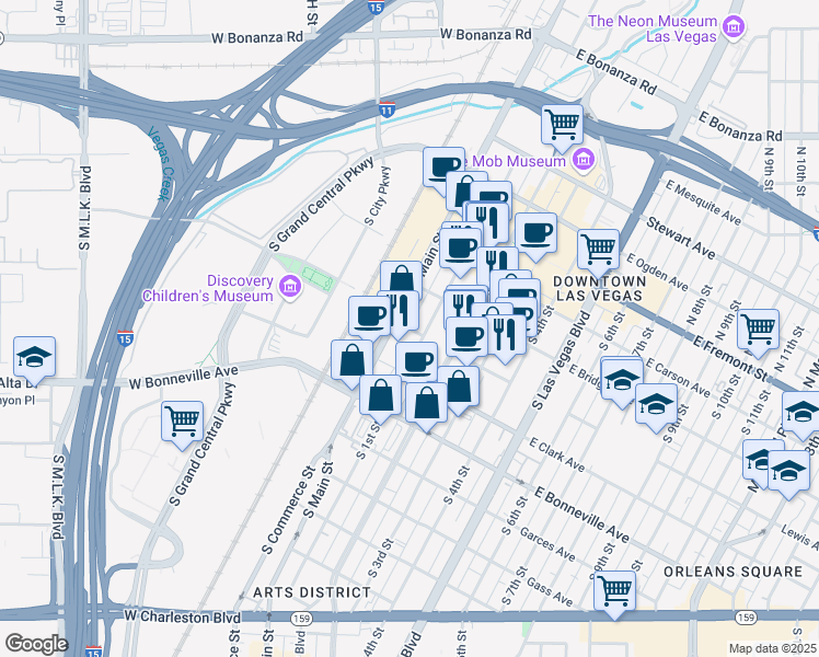 map of restaurants, bars, coffee shops, grocery stores, and more near 12 Lewis Avenue in Las Vegas