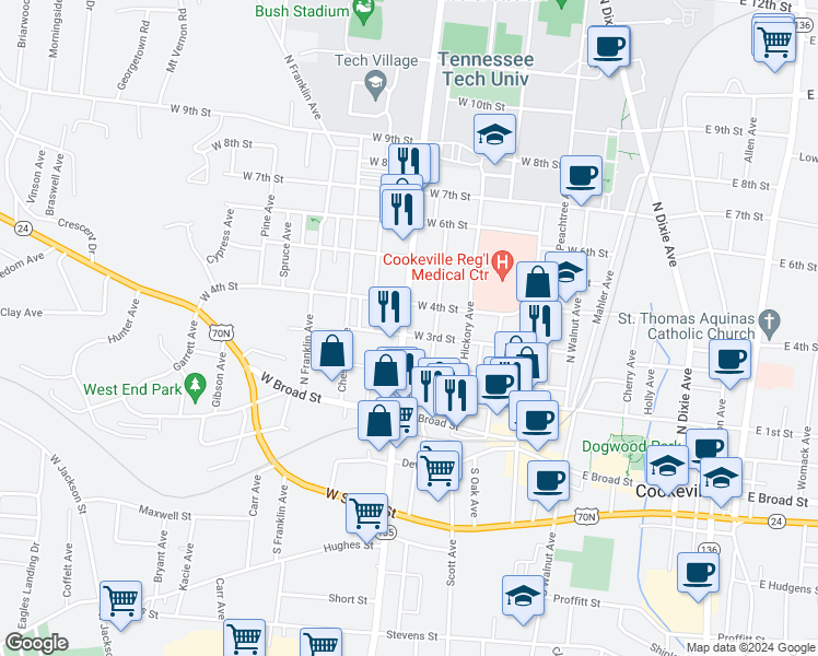 map of restaurants, bars, coffee shops, grocery stores, and more near 303 North Willow Avenue in Cookeville