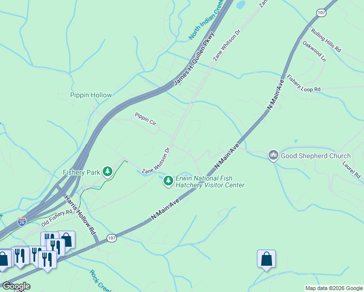 map of restaurants, bars, coffee shops, grocery stores, and more near 1205 Brown Road in Erwin