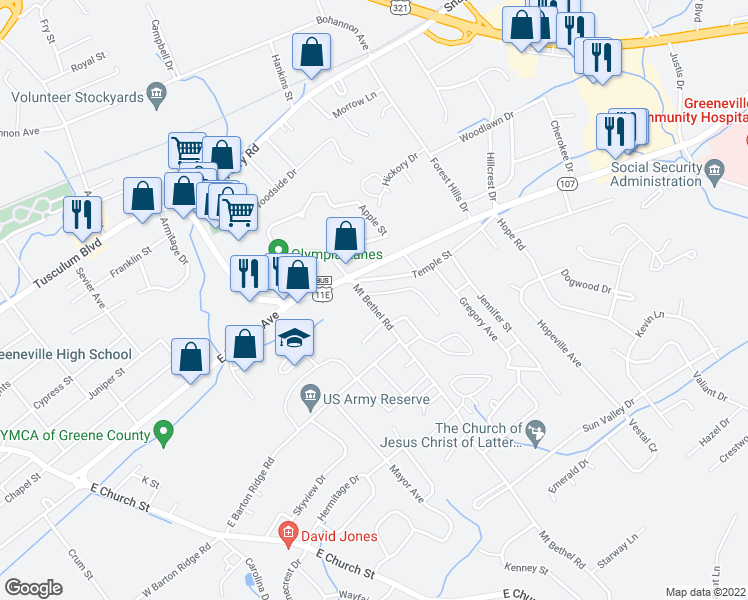 map of restaurants, bars, coffee shops, grocery stores, and more near 100 Indian Hills Drive in Greeneville