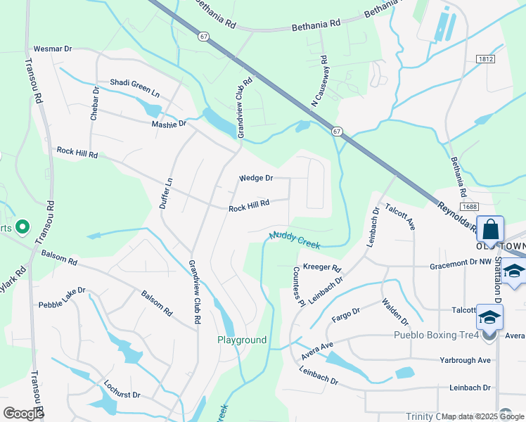 map of restaurants, bars, coffee shops, grocery stores, and more near 4136 Rock Hill Road in Pfafftown