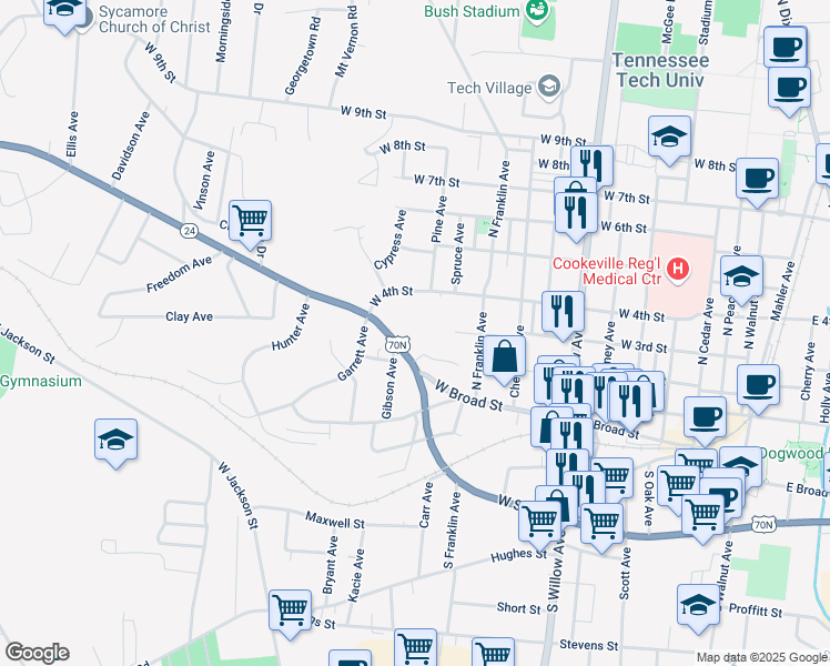 map of restaurants, bars, coffee shops, grocery stores, and more near 559 West Broad Street in Cookeville