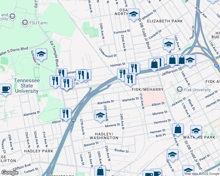 map of restaurants, bars, coffee shops, grocery stores, and more near 2417 Jefferson Street in Nashville