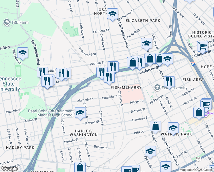 map of restaurants, bars, coffee shops, grocery stores, and more near 2120B Meharry Boulevard in Nashville