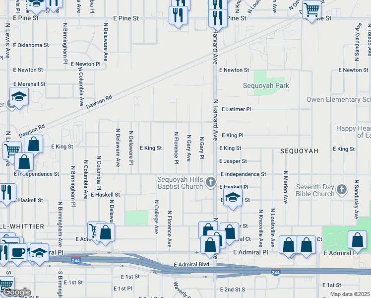 map of restaurants, bars, coffee shops, grocery stores, and more near 850 North Gary Avenue in Tulsa