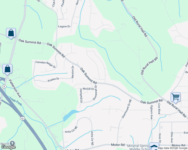 map of restaurants, bars, coffee shops, grocery stores, and more near 520 Oak Summit Road in Winston-Salem