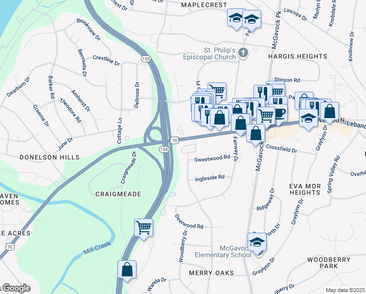 map of restaurants, bars, coffee shops, grocery stores, and more near 100 Blue Hills Drive in Nashville