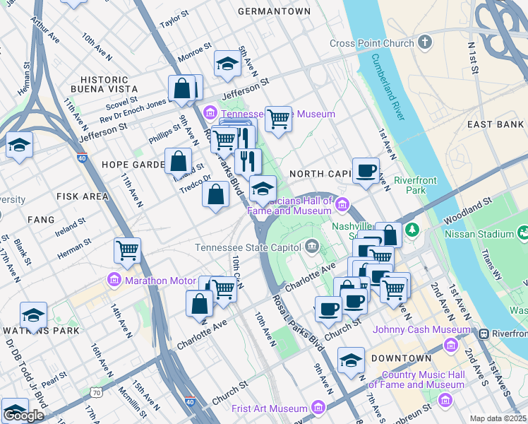 map of restaurants, bars, coffee shops, grocery stores, and more near 710 James Robertson Parkway in Nashville