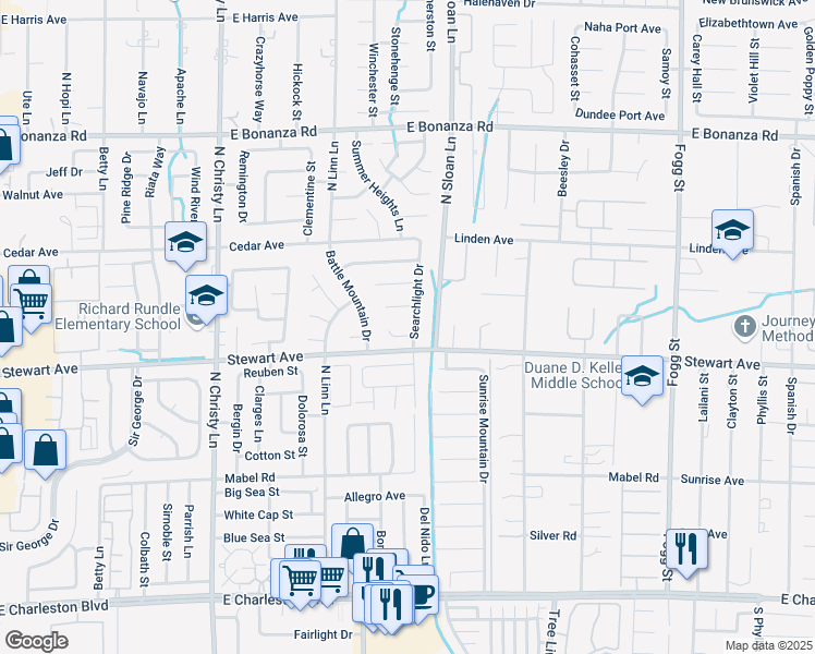map of restaurants, bars, coffee shops, grocery stores, and more near 437 Searchlight Drive in Las Vegas