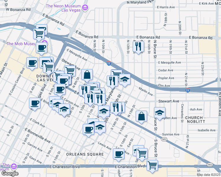 map of restaurants, bars, coffee shops, grocery stores, and more near 221 North Maryland Parkway in Las Vegas