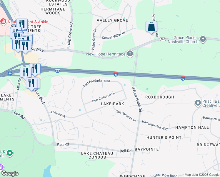 map of restaurants, bars, coffee shops, grocery stores, and more near 4080 Port Cleburne Court in Nashville
