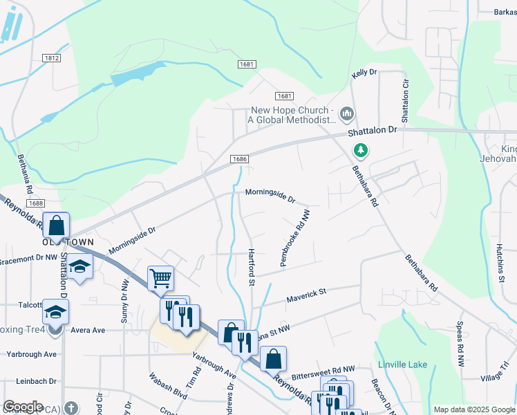 map of restaurants, bars, coffee shops, grocery stores, and more near 4119 Kingsland Circle in Winston-Salem