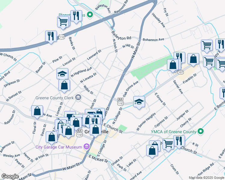 map of restaurants, bars, coffee shops, grocery stores, and more near 307 North Main Street in Greeneville