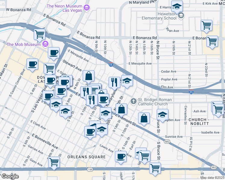 map of restaurants, bars, coffee shops, grocery stores, and more near 221 North Maryland Parkway in Las Vegas