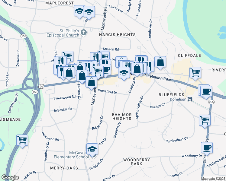 map of restaurants, bars, coffee shops, grocery stores, and more near 2516 Crossfield Drive in Nashville