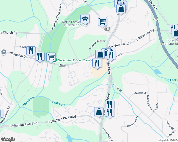 map of restaurants, bars, coffee shops, grocery stores, and more near 5001 Eltha Drive in Winston-Salem