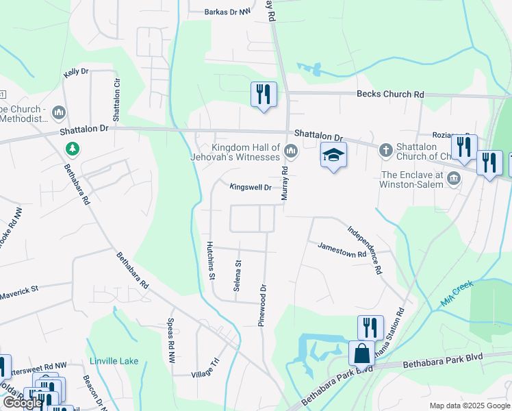map of restaurants, bars, coffee shops, grocery stores, and more near Liberty Hall Circle in Winston-Salem