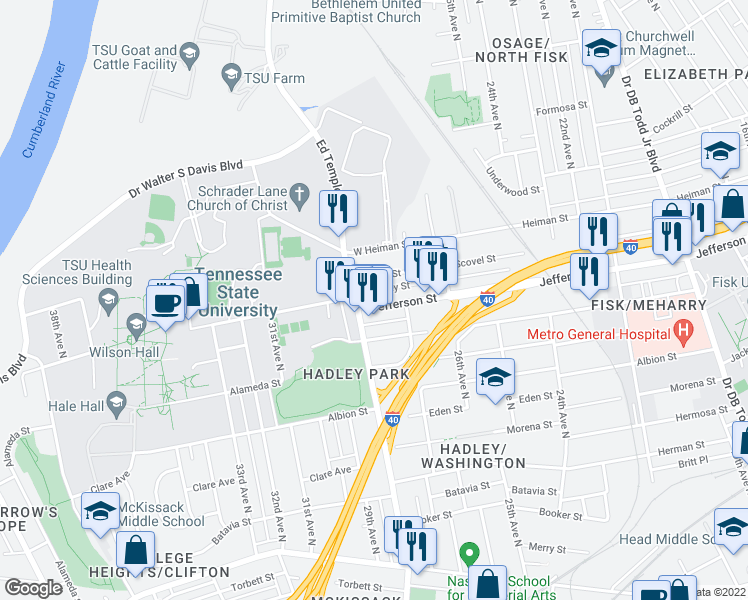 map of restaurants, bars, coffee shops, grocery stores, and more near 2714 Jefferson Street in Nashville