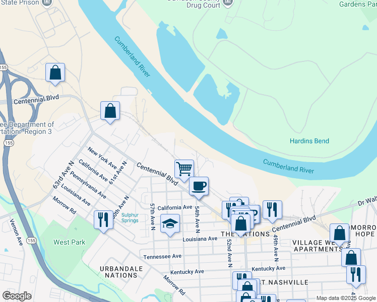 map of restaurants, bars, coffee shops, grocery stores, and more near 1487 51st Avenue North in Nashville
