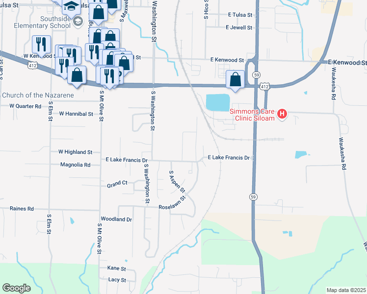 map of restaurants, bars, coffee shops, grocery stores, and more near 2008 Azlin Place in Siloam Springs