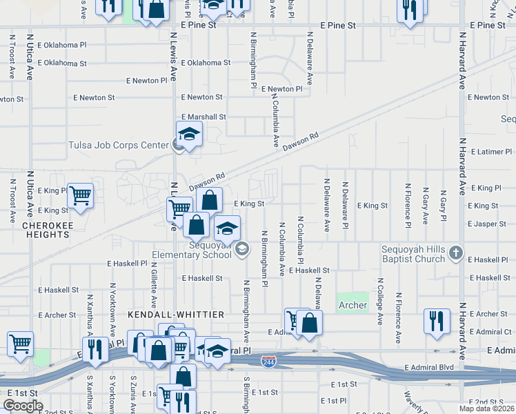 map of restaurants, bars, coffee shops, grocery stores, and more near 921 North Birmingham Avenue in Tulsa