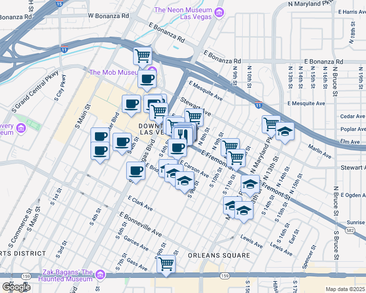 map of restaurants, bars, coffee shops, grocery stores, and more near 25 South 7th Street in Las Vegas