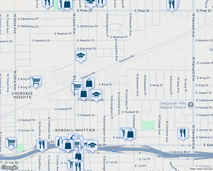 map of restaurants, bars, coffee shops, grocery stores, and more near 921 North Birmingham Avenue in Tulsa