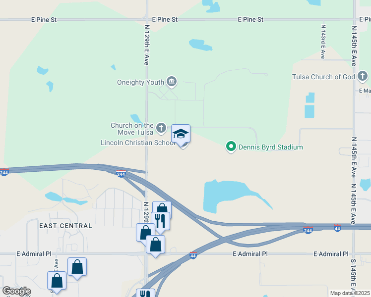 map of restaurants, bars, coffee shops, grocery stores, and more near 1003 North 129th East Avenue in Tulsa