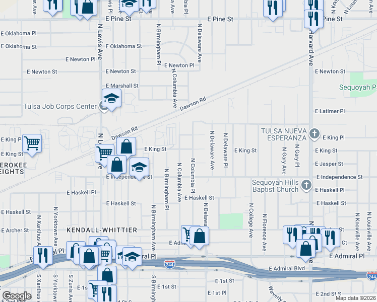 map of restaurants, bars, coffee shops, grocery stores, and more near 924 North Columbia Place in Tulsa