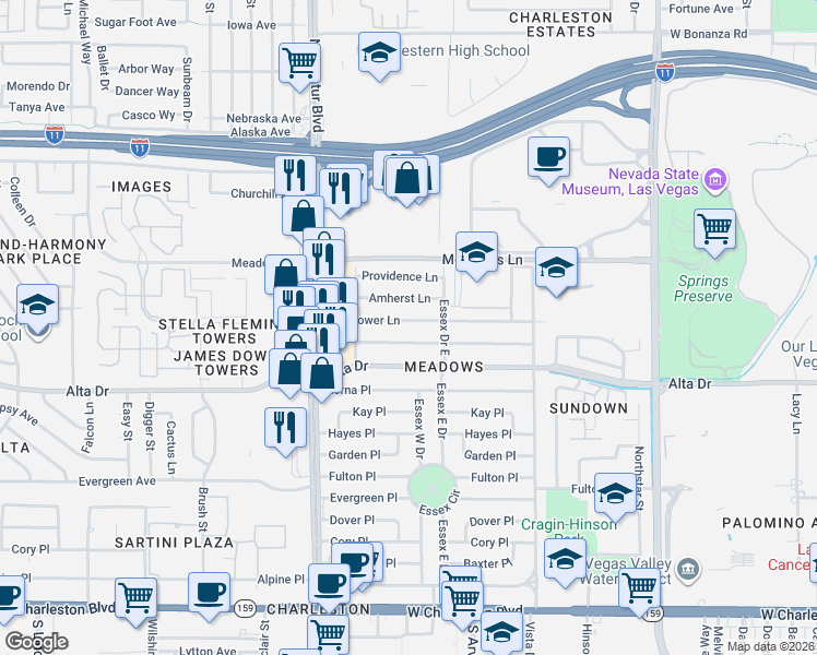 map of restaurants, bars, coffee shops, grocery stores, and more near 4525 Mayflower Lane in Las Vegas