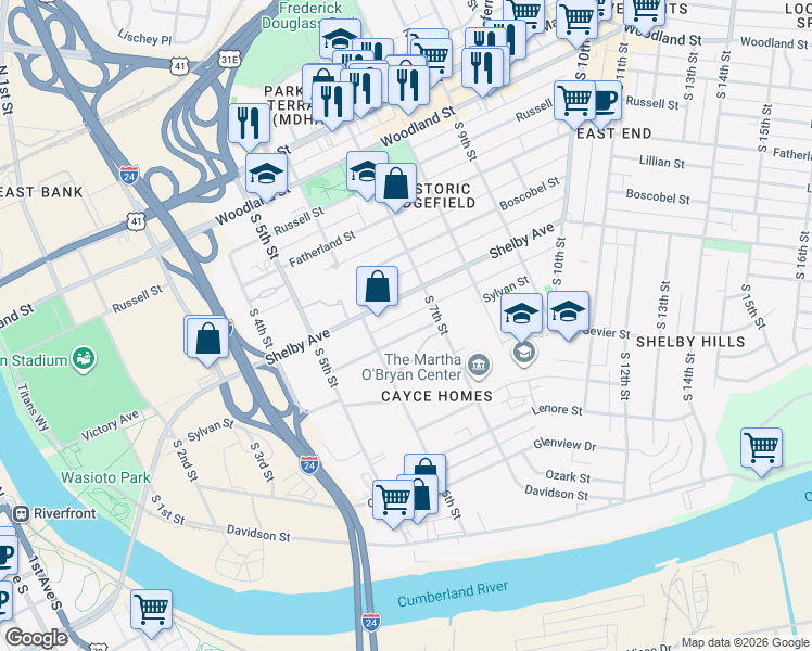 map of restaurants, bars, coffee shops, grocery stores, and more near 633 Sylvan Street in Nashville