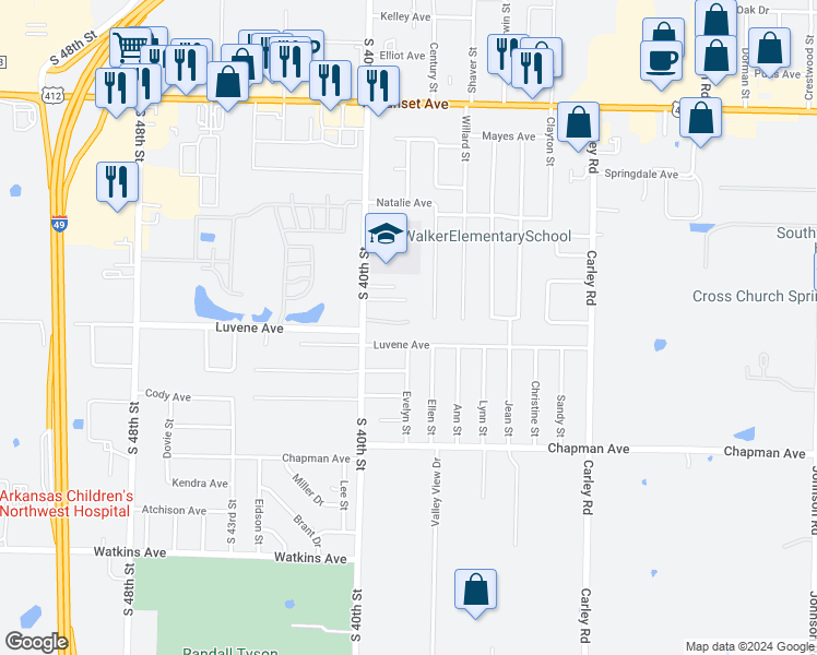 map of restaurants, bars, coffee shops, grocery stores, and more near 1905 South 40th Street in Springdale