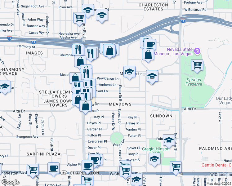 map of restaurants, bars, coffee shops, grocery stores, and more near 4509 Mayflower Lane in Las Vegas