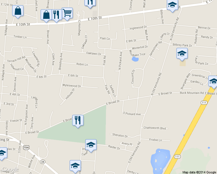 map of restaurants, bars, coffee shops, grocery stores, and more near 528 Saddle Lane in Cookeville