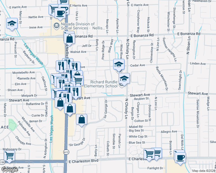 map of restaurants, bars, coffee shops, grocery stores, and more near 452 Boxerwood Dr in Las Vegas