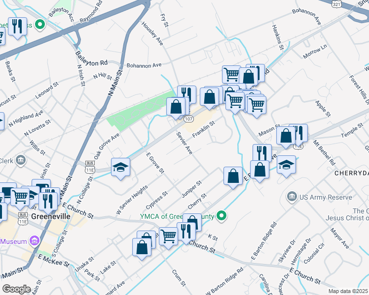 map of restaurants, bars, coffee shops, grocery stores, and more near 202 Sevier Avenue in Greeneville