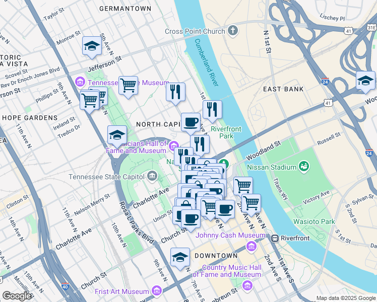 map of restaurants, bars, coffee shops, grocery stores, and more near 444 James Robertson Parkway in Nashville