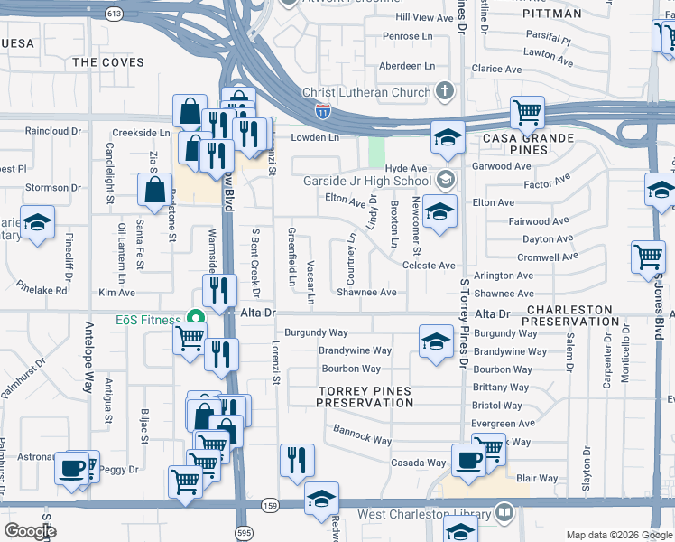 map of restaurants, bars, coffee shops, grocery stores, and more near 409 Davenport Lane in Las Vegas