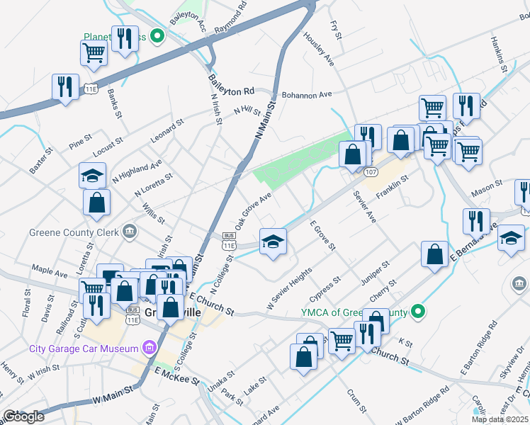 map of restaurants, bars, coffee shops, grocery stores, and more near 232 Circle Drive in Greeneville