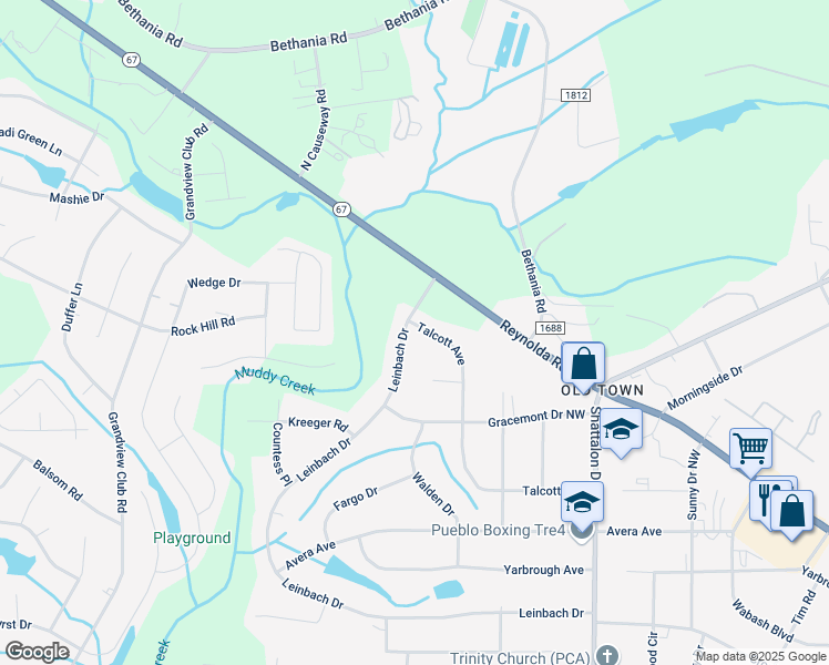 map of restaurants, bars, coffee shops, grocery stores, and more near 4949 Leinbach Drive in Winston-Salem