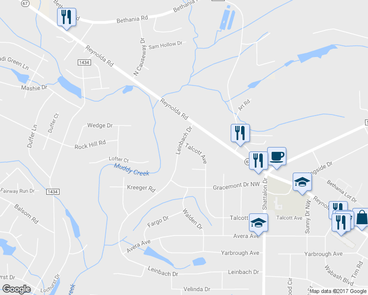 map of restaurants, bars, coffee shops, grocery stores, and more near 4949 Leinbach Drive in Winston-Salem