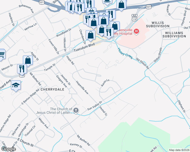 map of restaurants, bars, coffee shops, grocery stores, and more near 216 Dogwood Dr in Greeneville